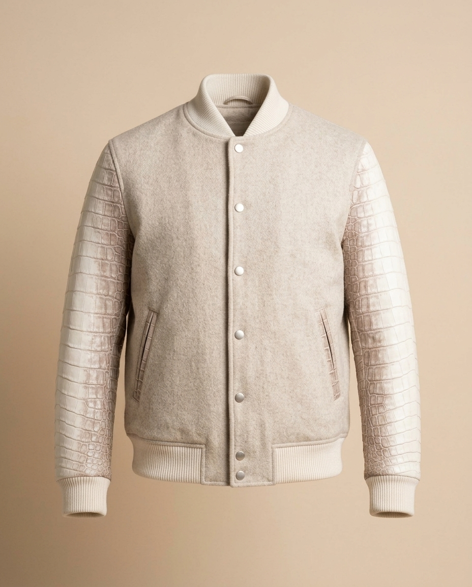 Wool Varsity Jacket with Crocodile Sleeves