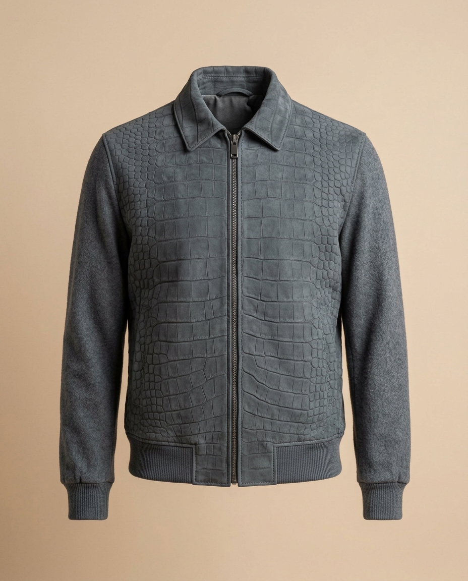 Slate Grey Wool Crocodile Blouson