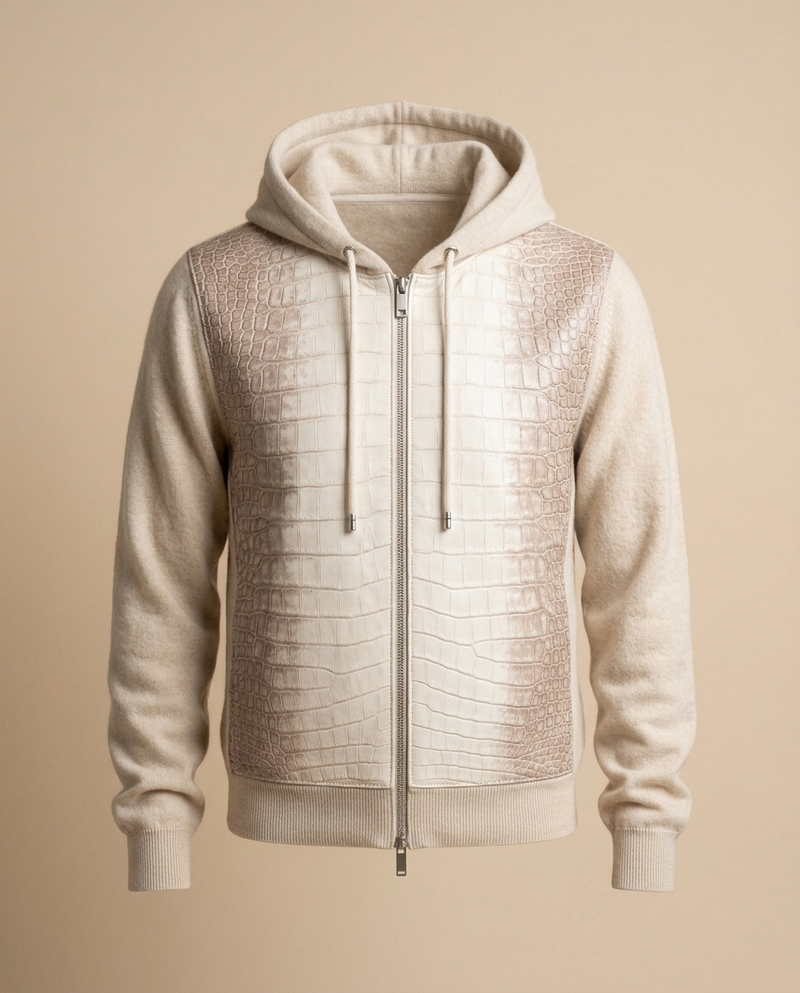 Wool Zip Hoodie with Crocodile Front Panels