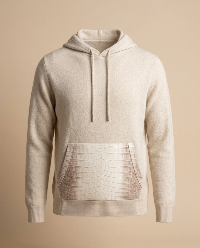 Wool Pullover Hoodie with Crocodile Pocket Details