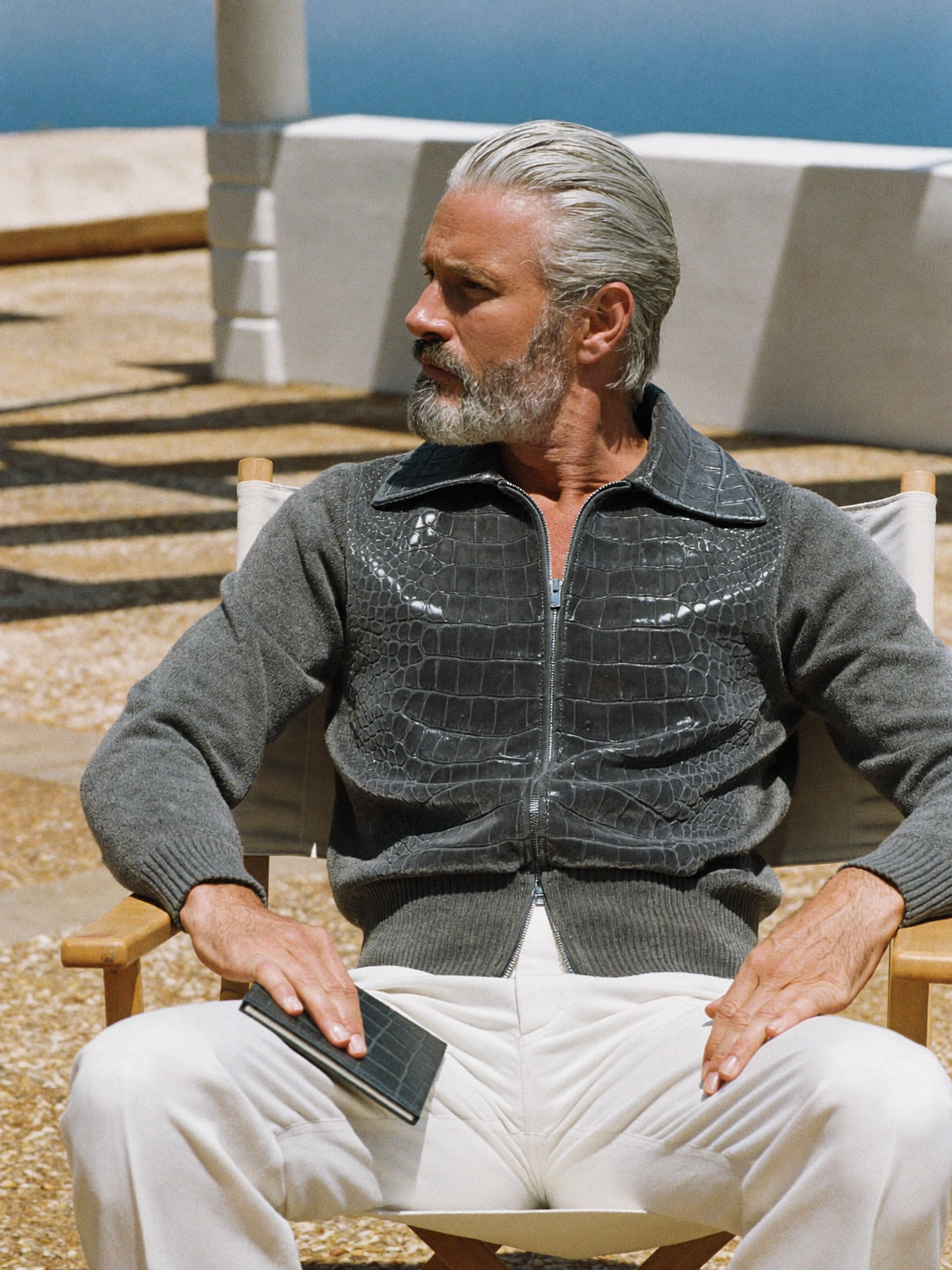 HIMALÉ slate wool and crocodile jacket, coastal editorial