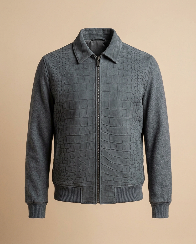 Slate Grey Wool Crocodile Blouson